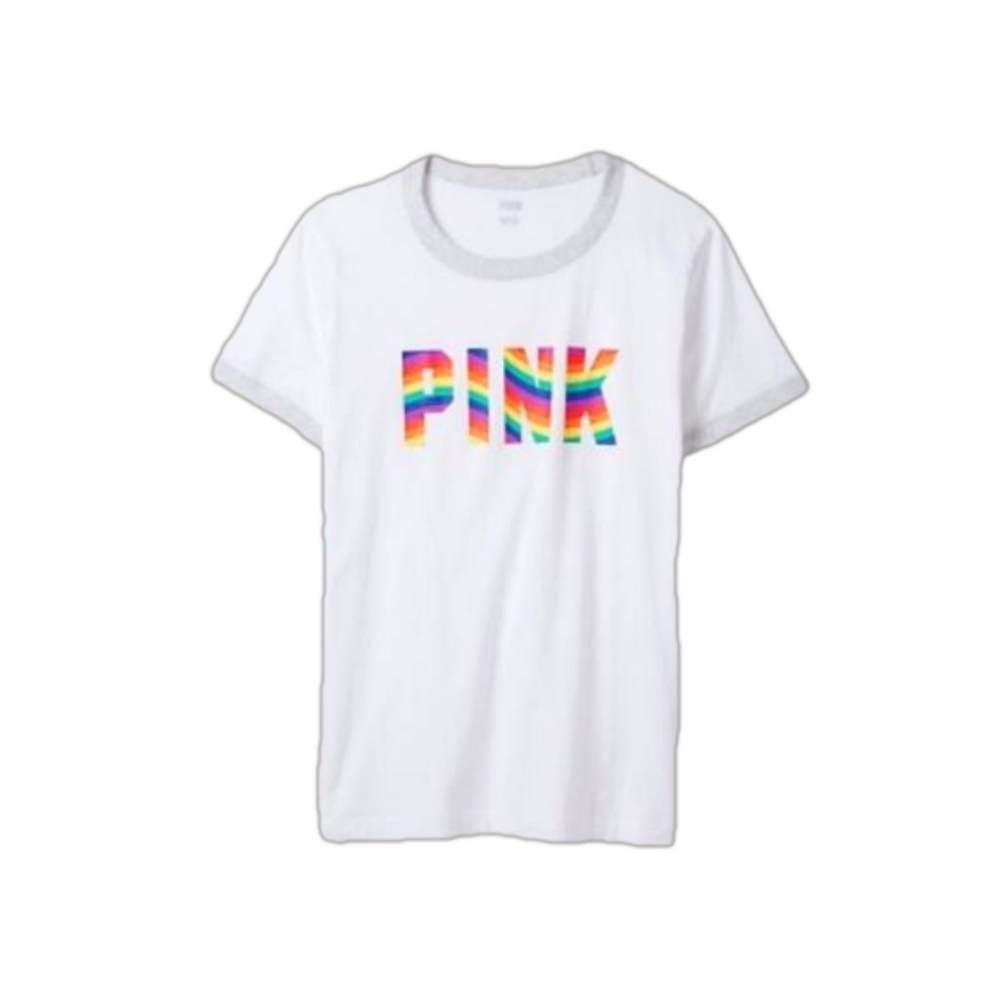 VICTORIA'S SECRET PINK Small Cotton SHORT SLEEVE CAMPUS RINGER T-SHIRT WHITE